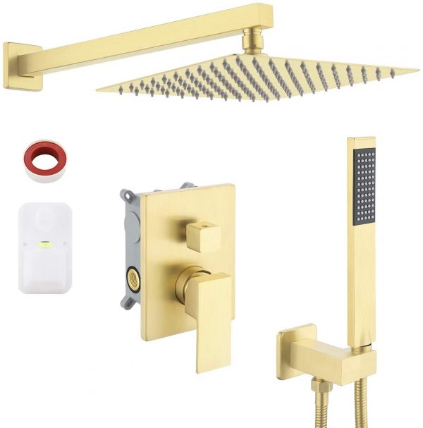 KES Shower System 10 Inches Rain Shower Head with Handheld Shower Faucets Sets Complete Pressure Balance Shower Valve and Trim Kit Brushed Brass, XB6230-BZ