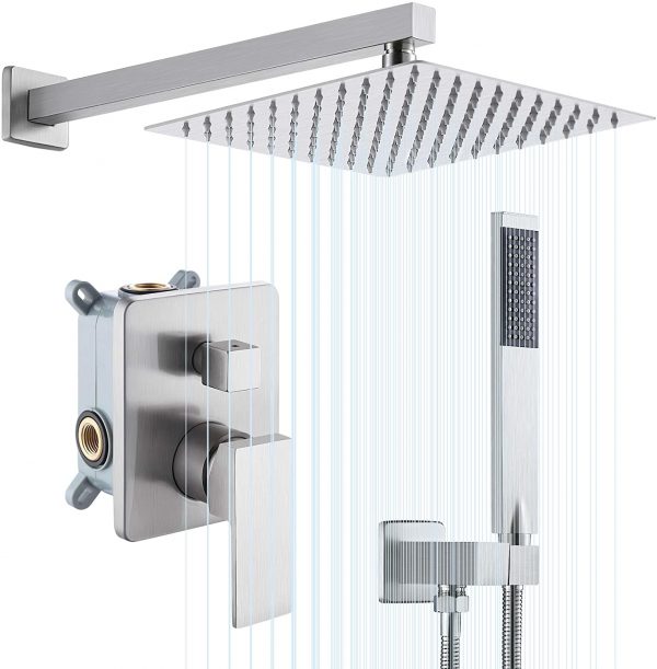 KES Shower System Shower Faucets Sets Complete 10 Inches Rain Shower Head Brushed Nickel Square Pressure Balance Shower Valve and Trim Kit, XB6230-BN