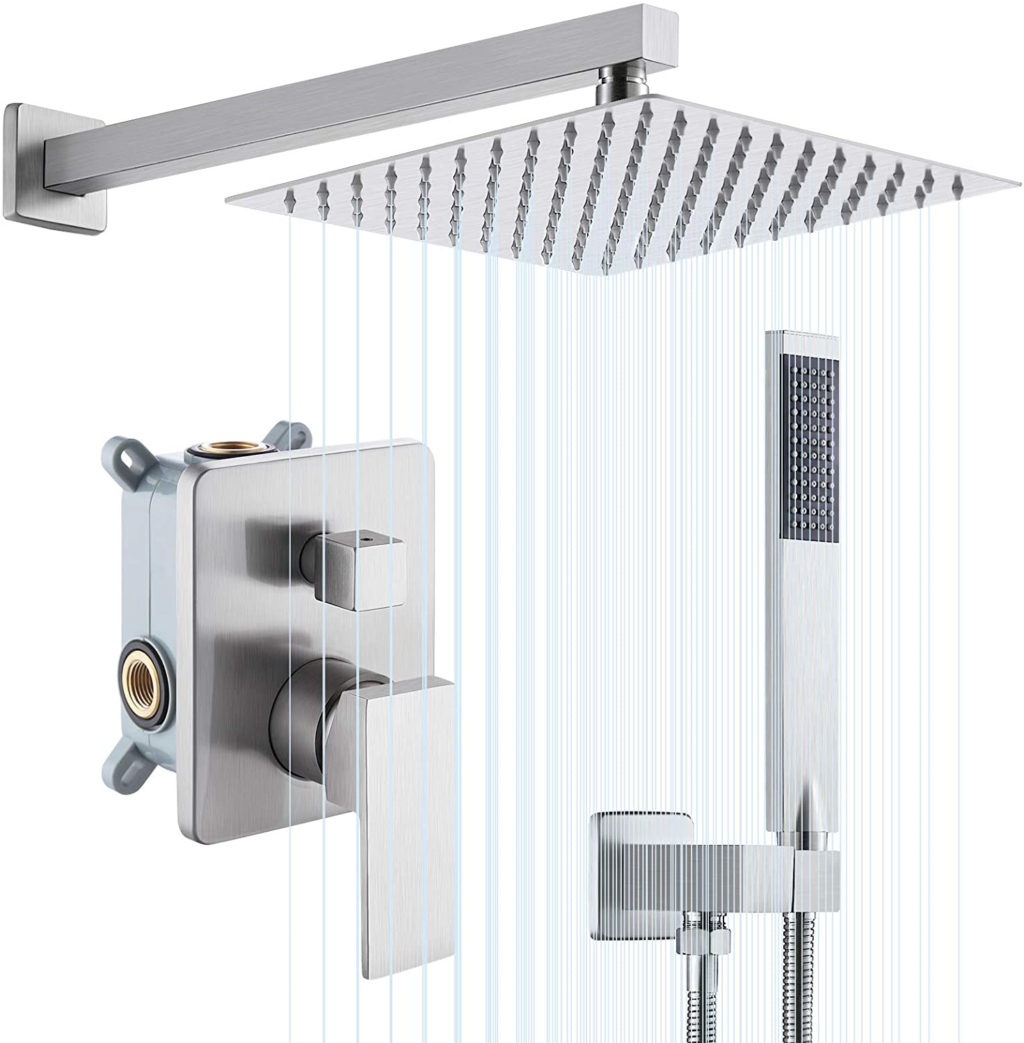 KES Shower System Shower Faucets Sets Complete 10 Inches Rain Shower Head Brushed Nickel Square Pressure Balance Shower Valve and Trim Kit, XB6230-BN