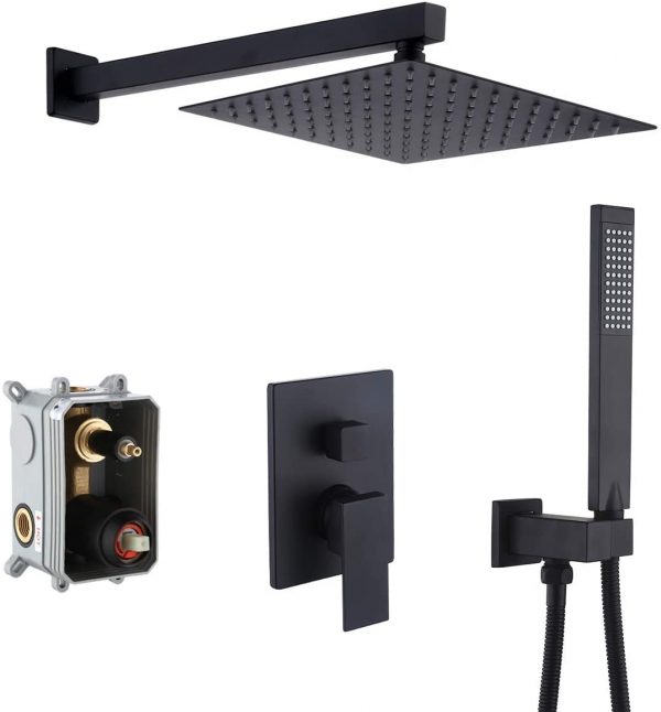 KES Shower Faucets Sets Complete Matte Black Shower System 10 Inches Rain Shower Head with Handheld Shower Valve and Trim Kit Pressure Balance, XB6230-BK