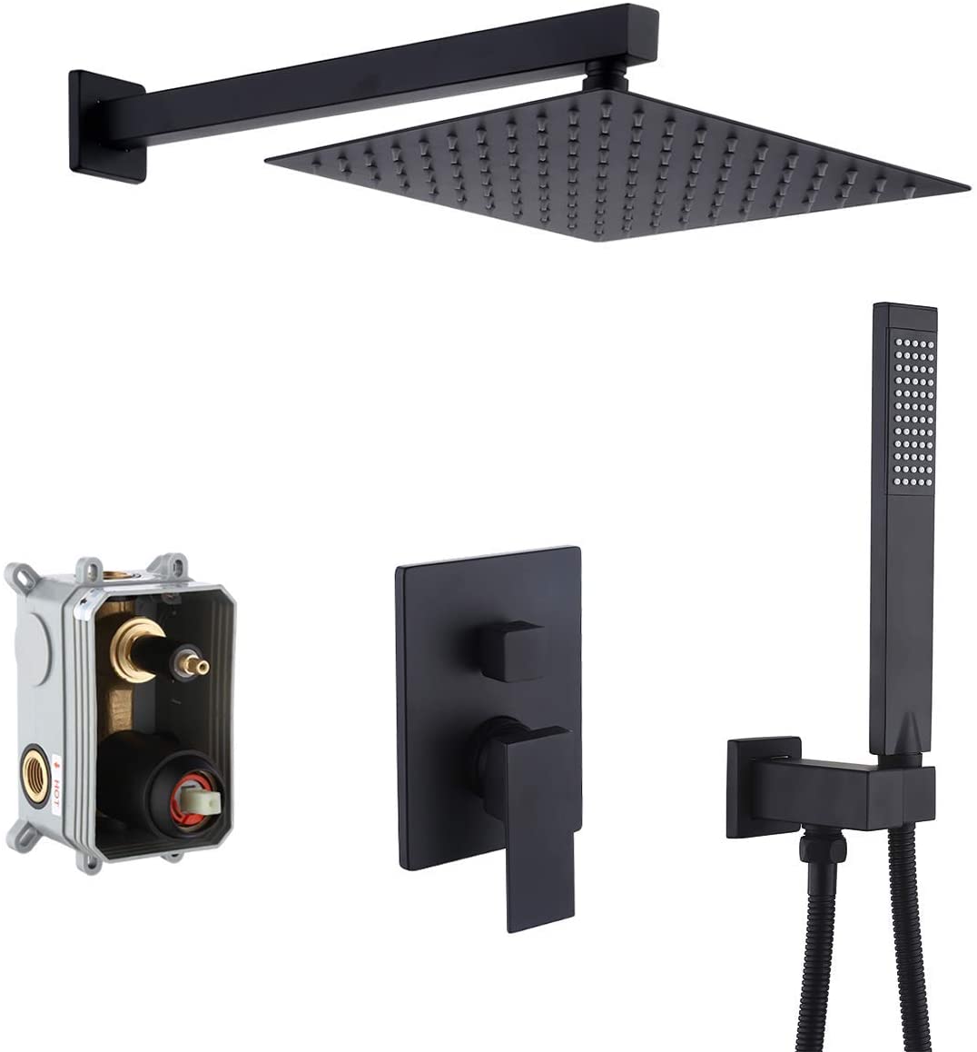 KES Shower Faucets Sets Complete Matte Black Shower System 10 Inches Rain Shower Head with Handheld Shower Valve and Trim Kit Pressure Balance, XB6230-BK
