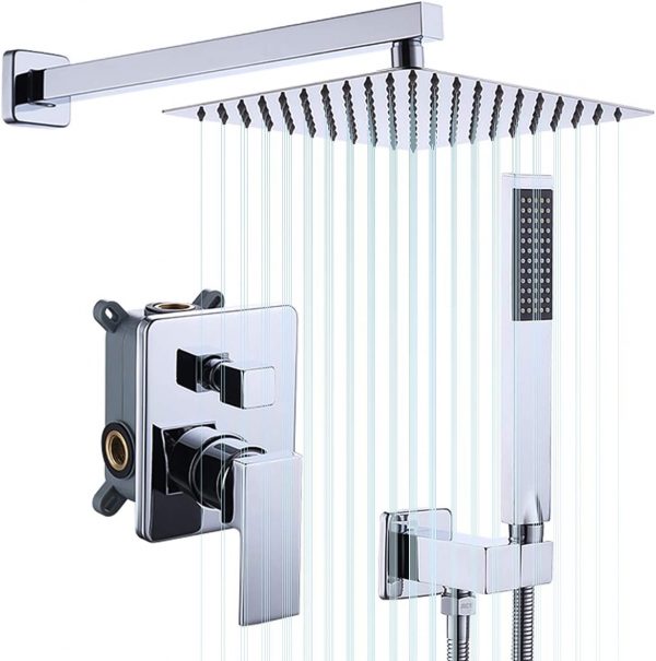 4 Faucets Sets Complete 10 Inches Rain Shower Head with Handheld Pressure Balance Shower Valve and Trim Kit Polished Chrome XB6230 CH