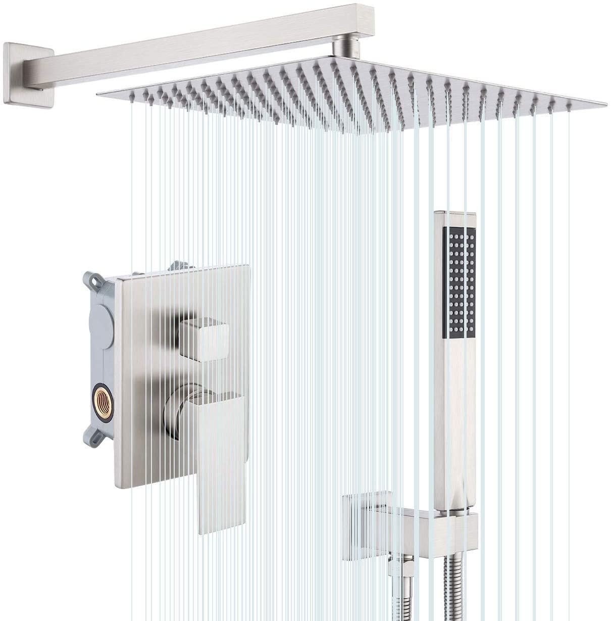 KES Shower System Shower Faucets Sets Complete 12 Inch Rain Shower Head with Handheld Spray Pressure Balance Shower Valve and Trim Kit Brushed Finish, XB6230S12-BN