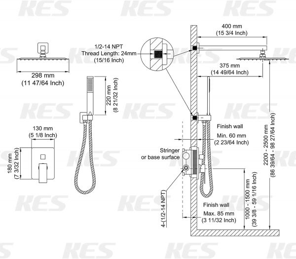 6 KES Shower Faucets Sets Complete Shower System 12 Inch Rain Shower Head 1