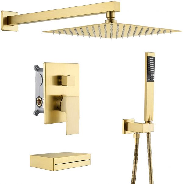 KES Bath Shower Faucet Set Tub and Shower Faucet Set Rain Shower Head with Handheld Shower System Pressure Balance Brushed Brass, XB6305-BZ