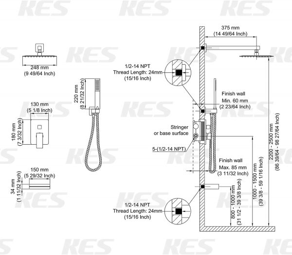 8 Set with Waterfall Tub Spout Shower System Pressure Balance 3 Function with 10 Inch Rain Shower Head XB6305 BN 2